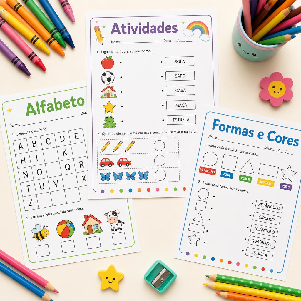 Atividades impressas e materiais de pintura